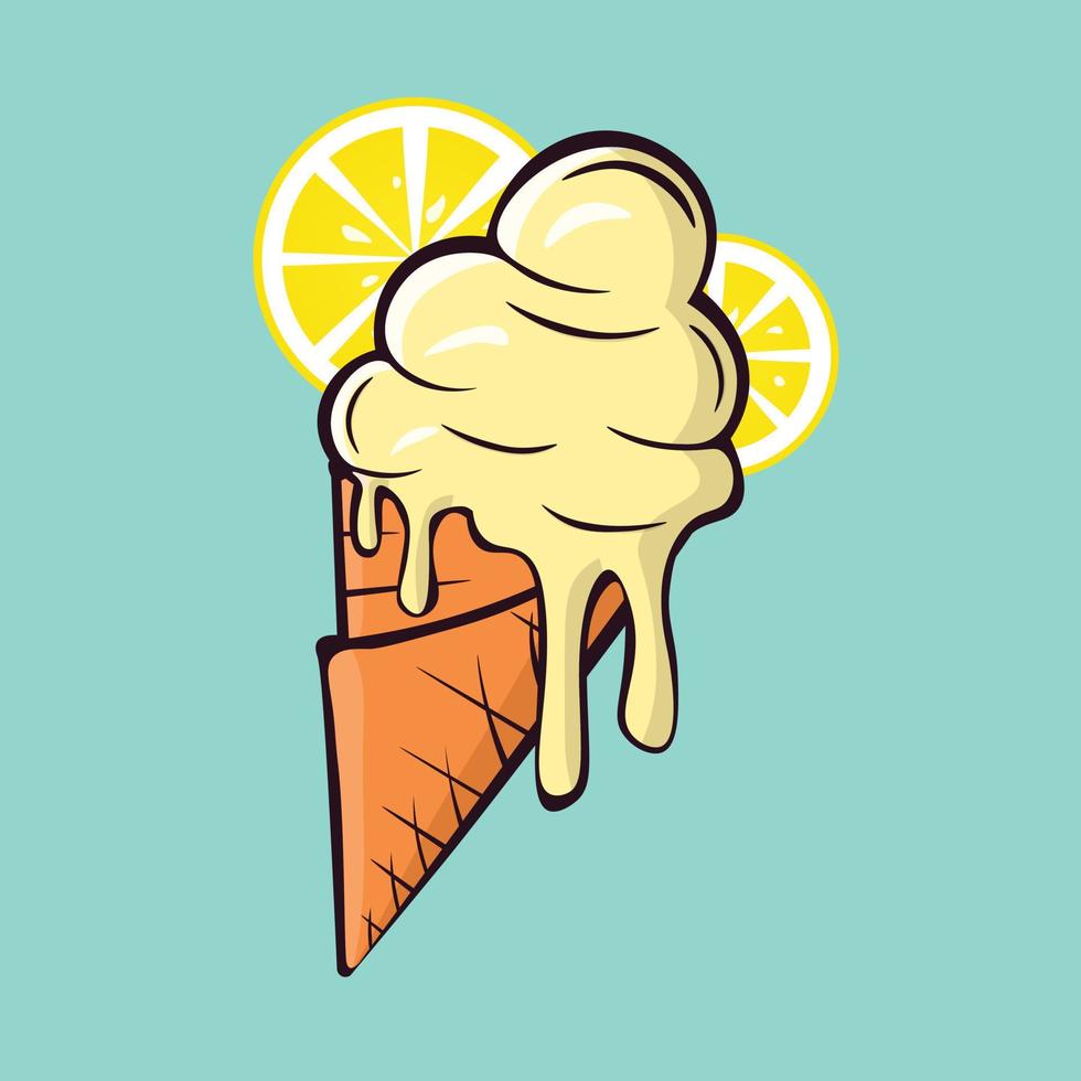 Melting lemon ice cream balls in the waffle cone isolated on blue background. Vector flat outline icon. Comic character in cartoon style illustration for t shirt design