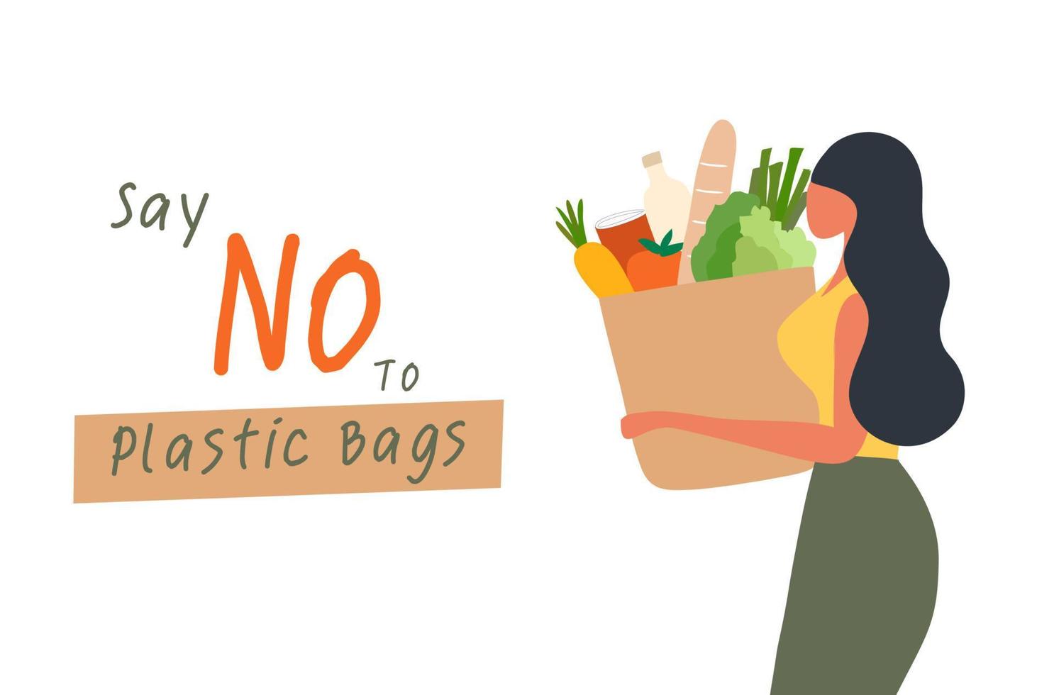 Say no to plastic bags concept, woman holding paper shopping bag vector illustration