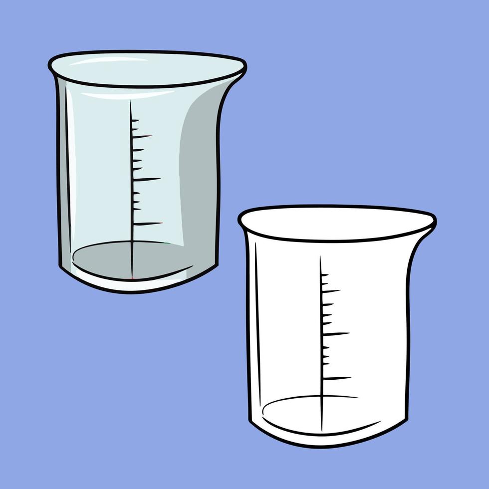 A set of pictures, a glass measuring cup with divisions, side view, vector illustration in cartoon style on a colored background