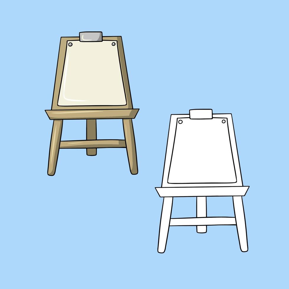 un conjunto de imágenes, un caballete de madera con una hoja de papel, una ilustración vectorial en estilo de dibujos animados sobre un fondo de color vector