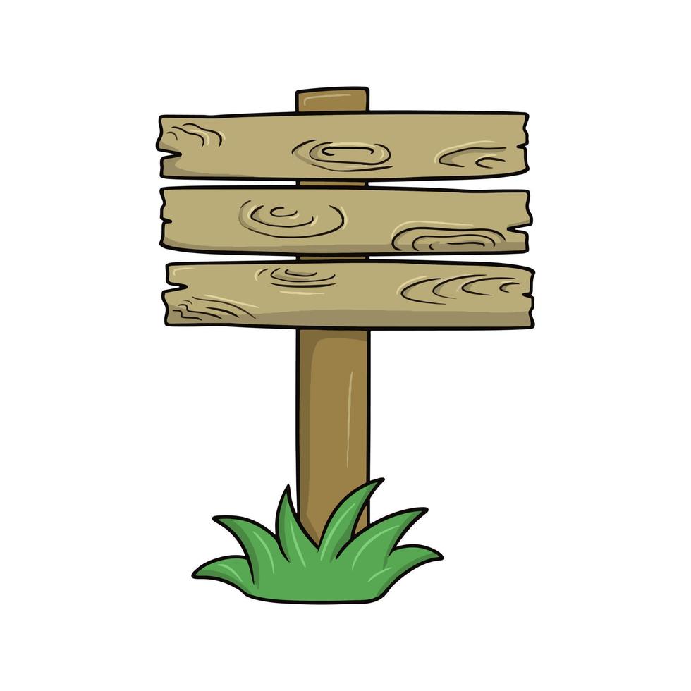 Wooden stand on a post, stand with green grass, vector illustration in cartoon style on a white background