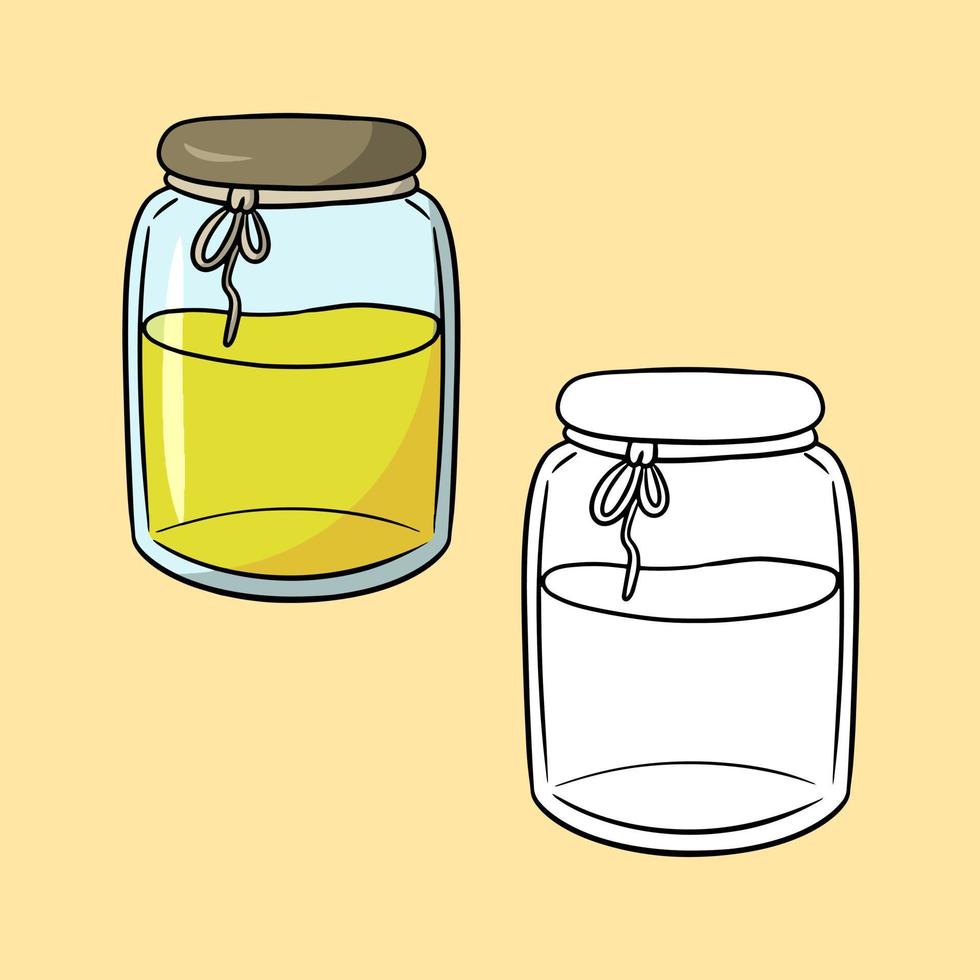 A set of pictures, a tall glass jar with yellow honey, a vector illustration in cartoon style on a colored background