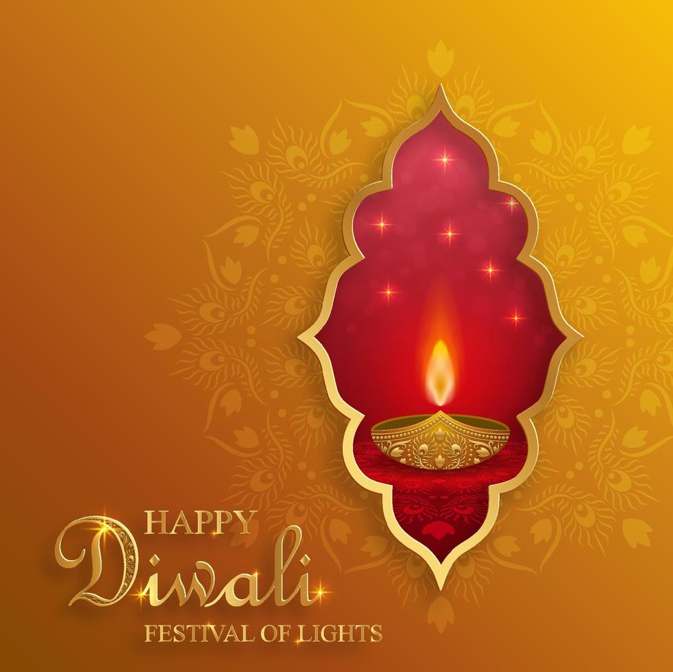 Happy Diwali vector illustration. Festive Diwali and Deepawali card. The Indian festival of lights on gold color background