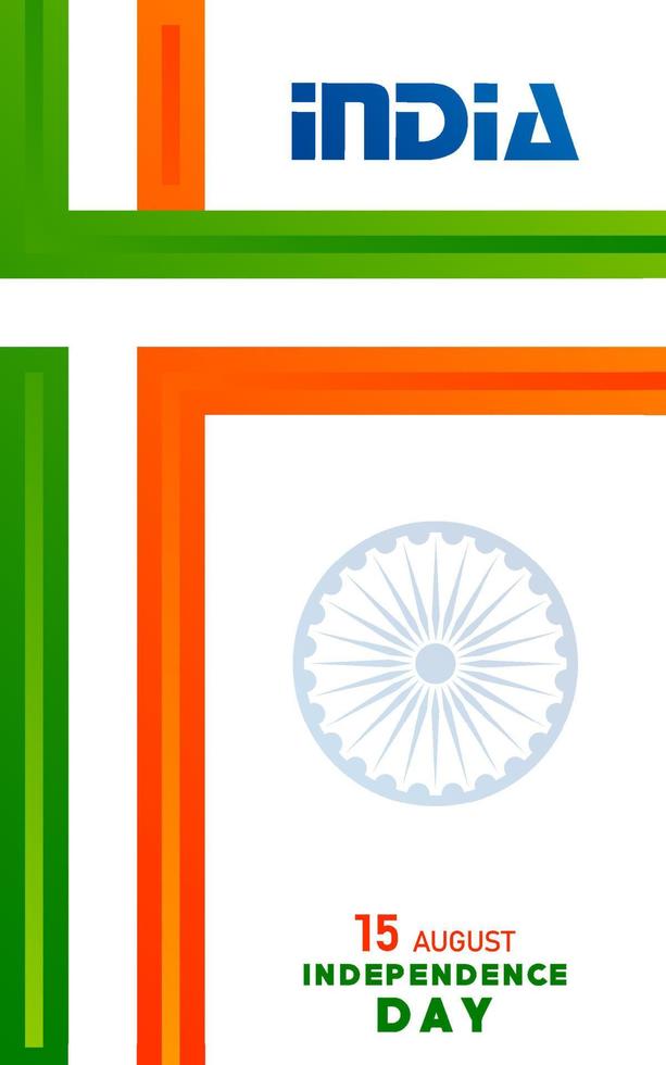 día de la independencia de india, 15 de agosto texto en caracteres azafrán con elementos de india y rueda de ashok azul sobre fondo de color vector