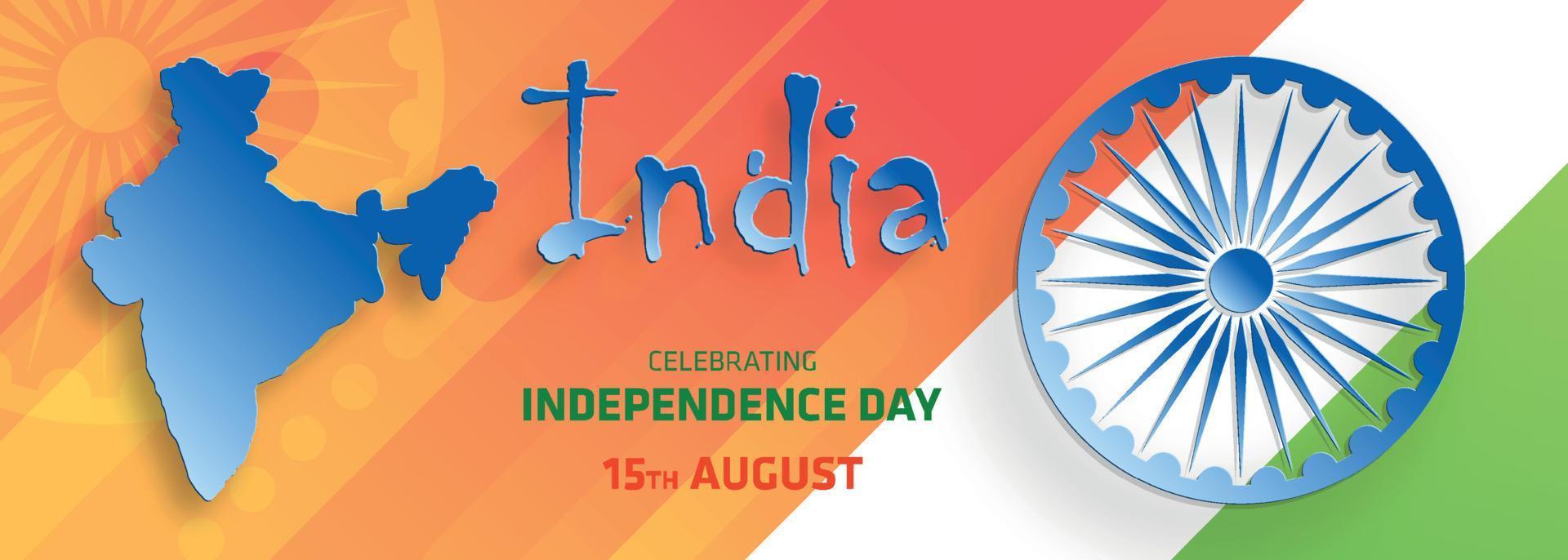 día de la independencia de india, 15 de agosto texto en caracteres azafrán con elementos de india y rueda de ashok azul sobre fondo de color vector