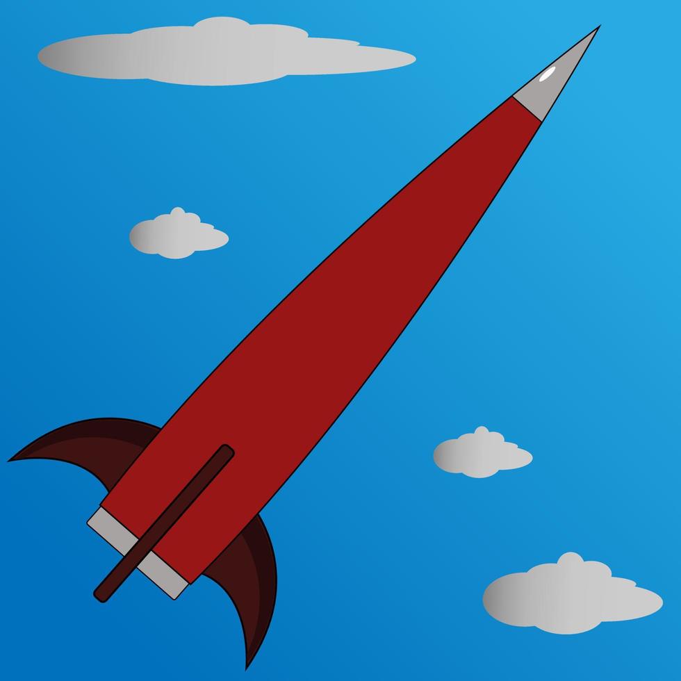 a red rocket is in a blue sky with some white clouds vector