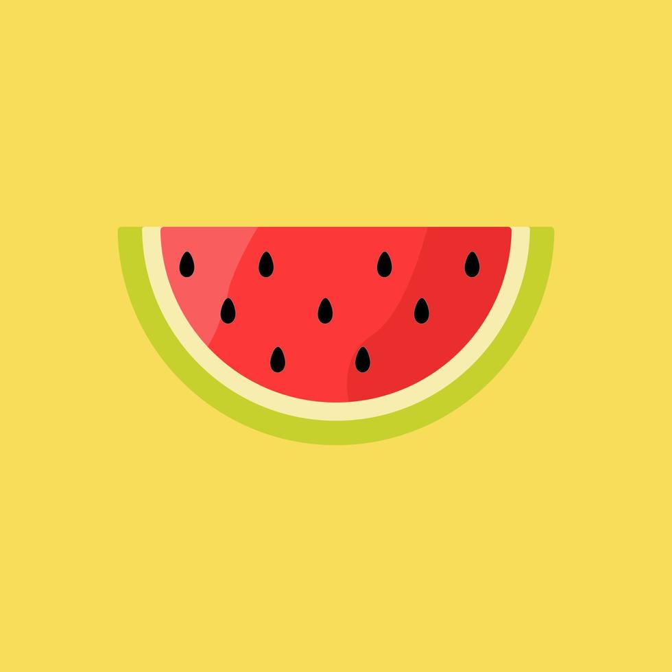 Vector image of half circle red watermelon complete with seeds isolated on yellow background