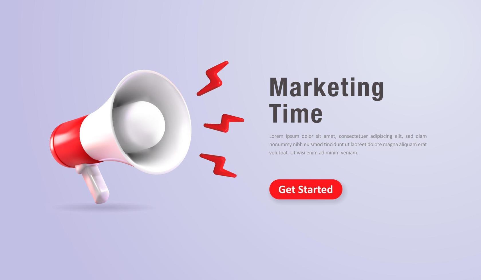 Marketing landing page concept, realistic 3d megaphone, loudspeaker with lightning. Vector illustration