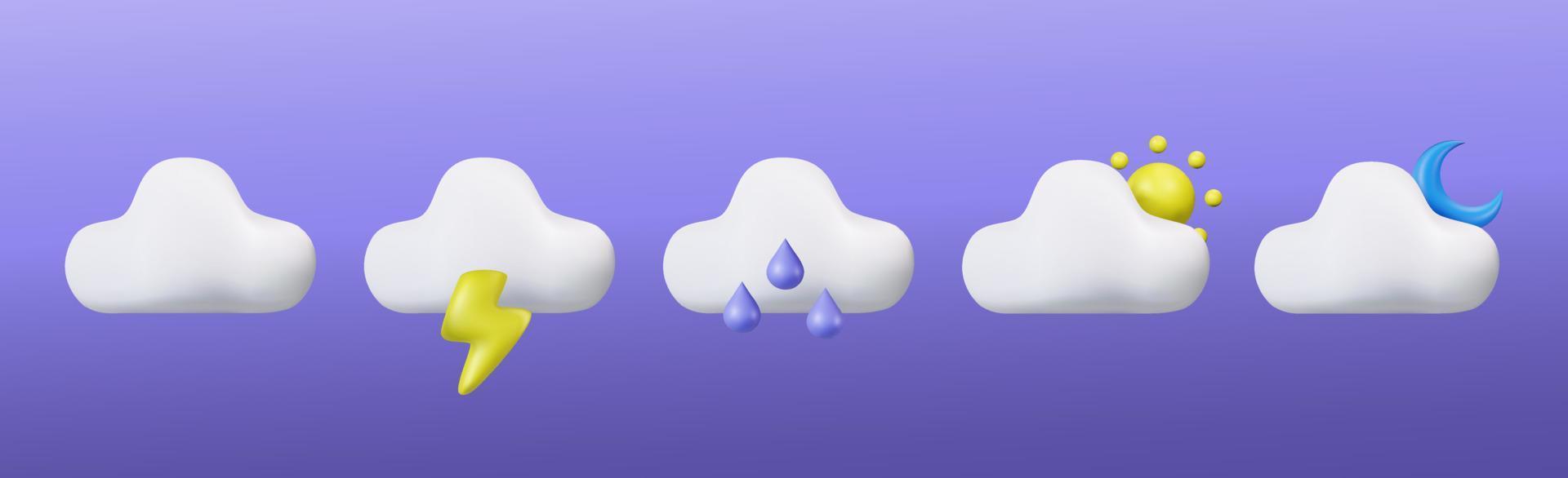 conjunto de iconos de tiempo de nube realista, representación de forma vectorial para visualización de iconos de tiempo 3d vector