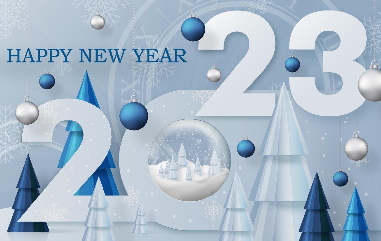 feliz año nuevo 2023, patrón festivo con bolas de navidad y concepto de copos de nieve sobre fondo de color vector