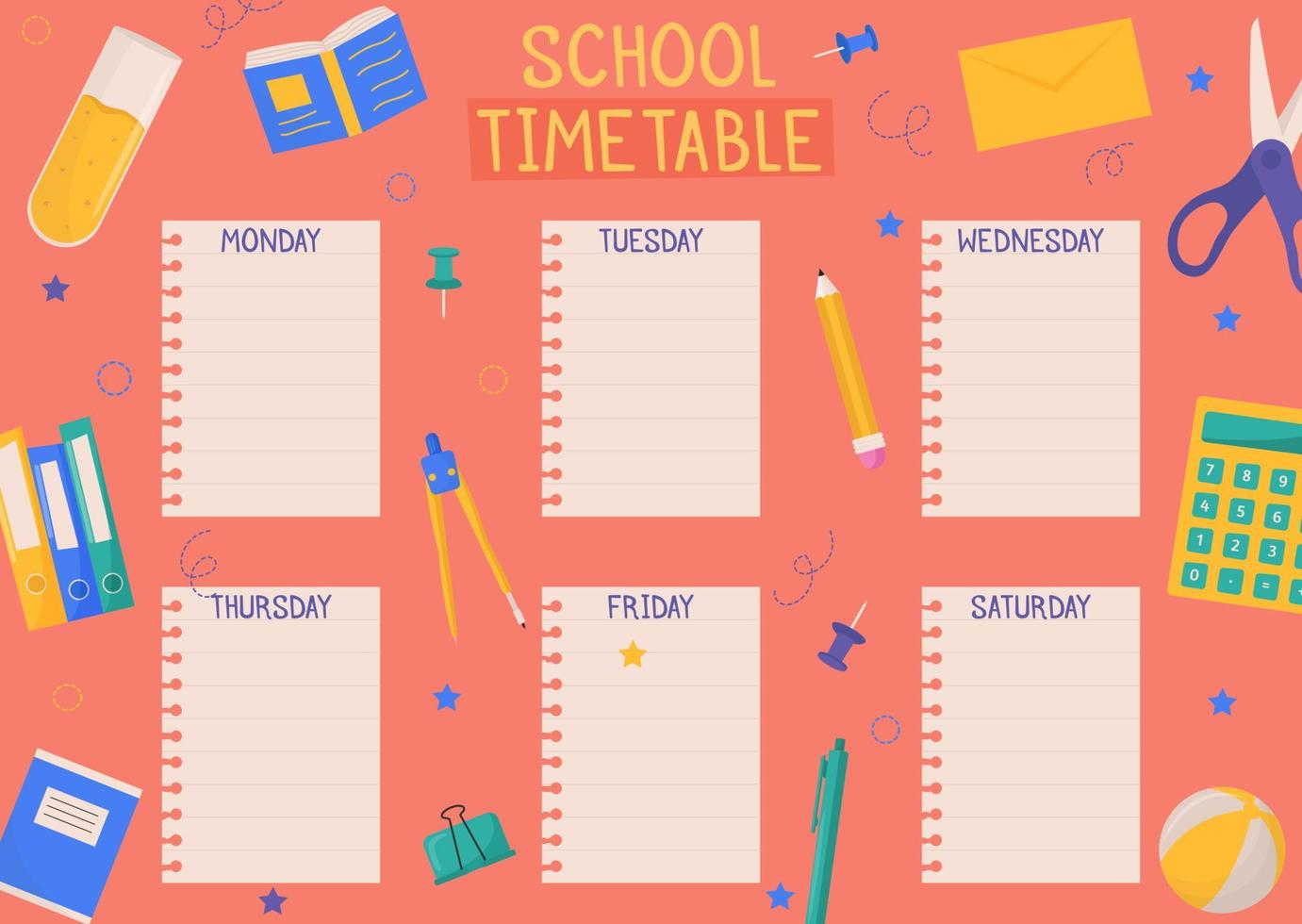 Cute childish school timetable, weekly classes schedule for kids with school supplies. Printable planner, diary for student. Stationery set for children. To Do List. vector