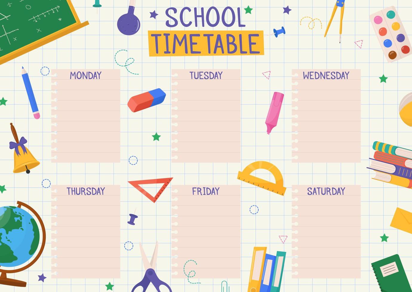 Cute childish school timetable, weekly classes schedule for kids with school supplies. Printable planner, diary for student. Stationery set for children. To Do List. vector