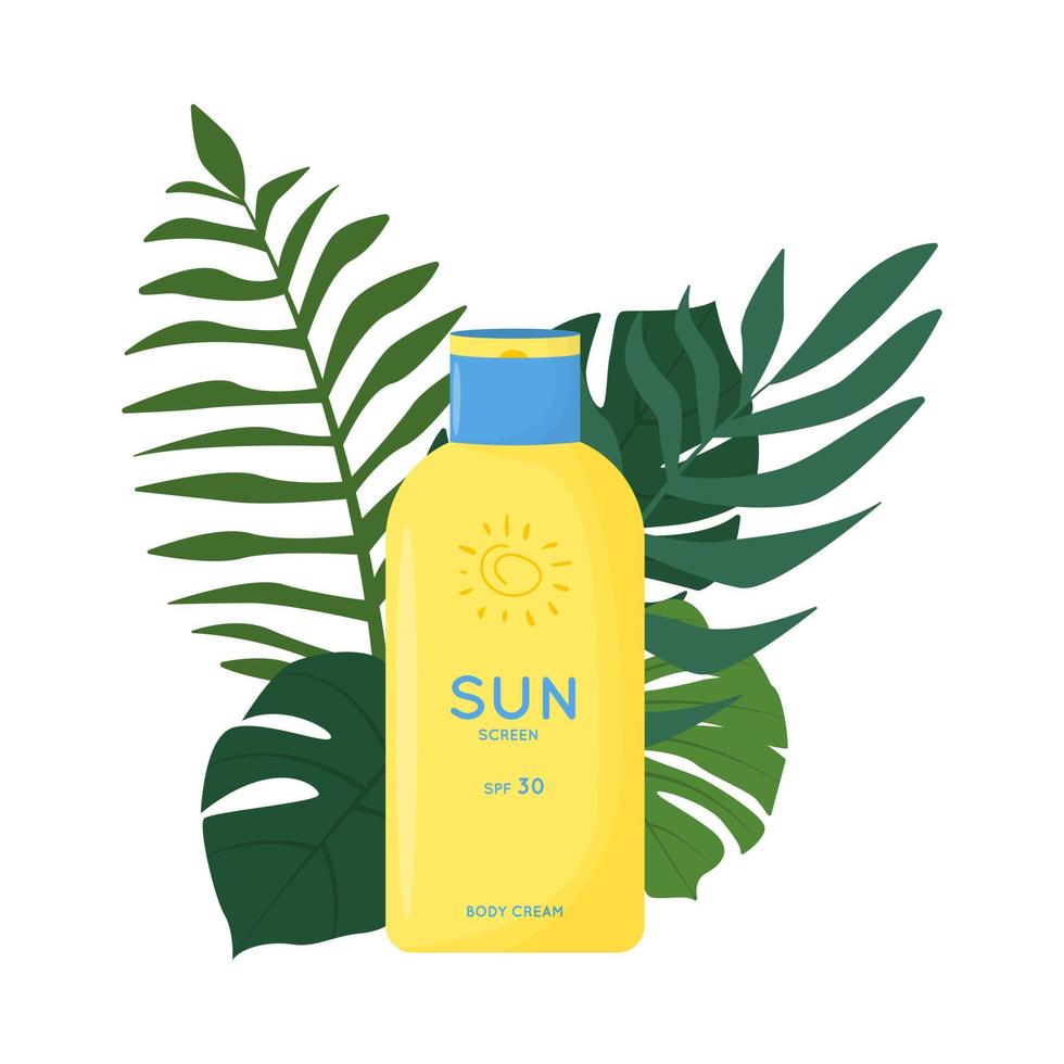 producto para el cuidado de la piel en el suelo de hojas tropicales. seguridad solar, crema de protección uv. tubo de producto de protección solar con spf. cosmético de verano. ilustración vectorial plana aislada sobre fondo blanco. vector