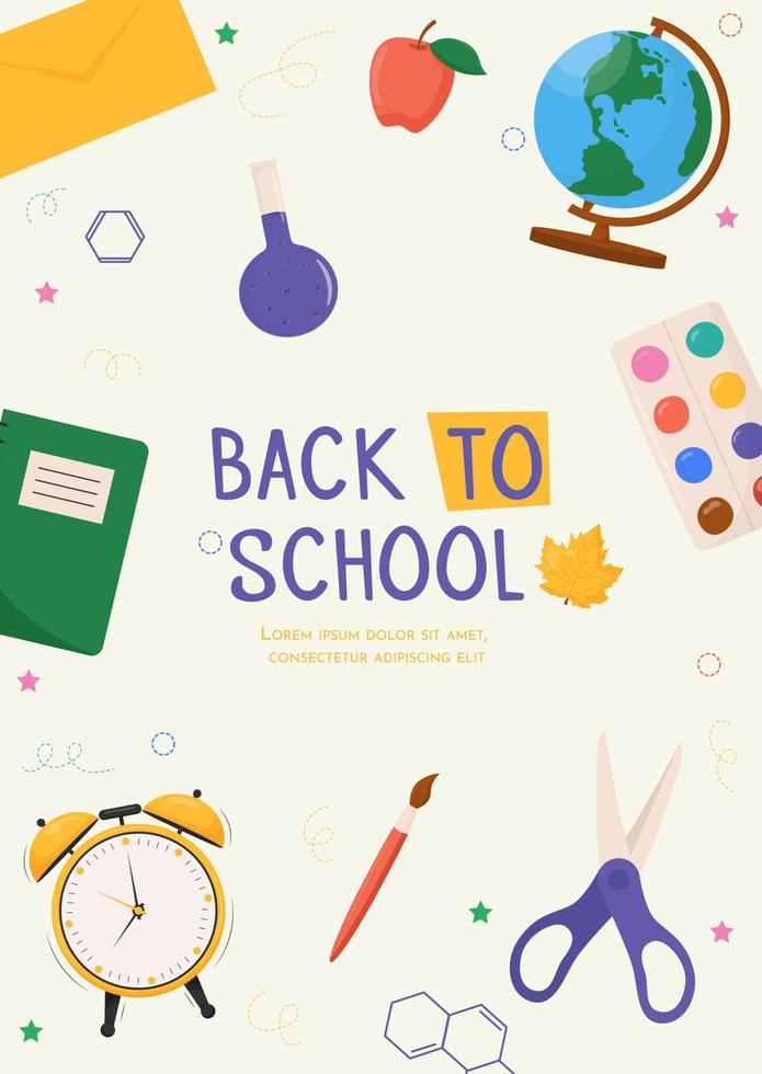 Back to school card with colorful school supplies. Colorful back to school templates for invitation, poster, banner, promotion, sale. School supplies cartoon illustration. vector