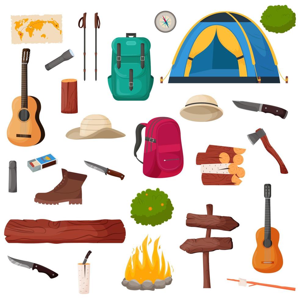 conjunto de camping y senderismo. colección de herramientas de viaje de campamento de verano para la supervivencia en la naturaleza, carpa, mochila, mapa, hacha, fogata y otros equipos de campamento. vector