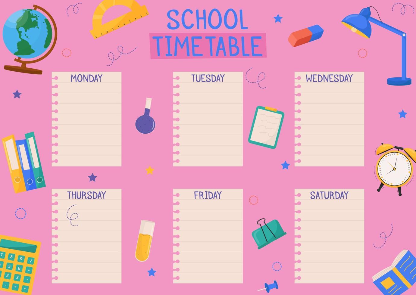 Cute childish school timetable, weekly classes schedule for kids with school supplies. Printable planner, diary for student. Stationery set for children. To Do List. vector