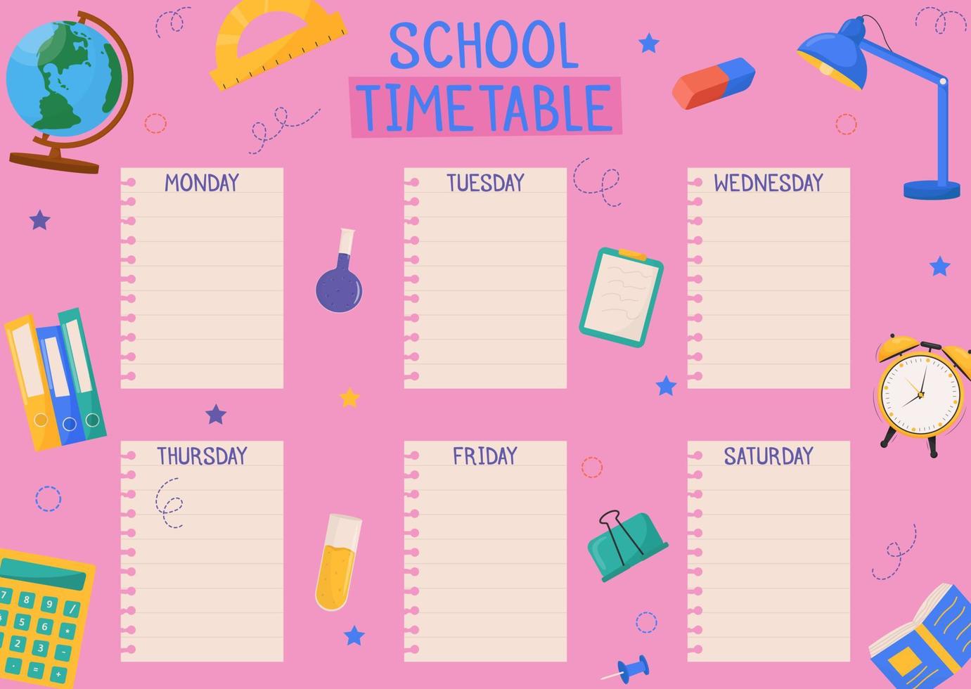 lindo horario escolar infantil, horario de clases semanales para niños con útiles escolares. planificador imprimible, diario para estudiante. juego de papelería para niños. lista de quehaceres. vector