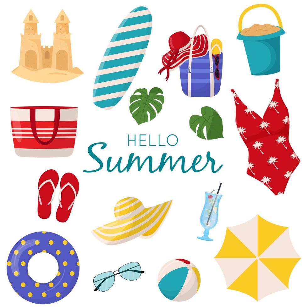 Set of cute summer elements surfboard, cocktail, bag, hat, palm tree, bikini, flip flops, beach umbrella, ball, sand castle, lifebuoy. Flat vector illustration for summertime poster, card, tag