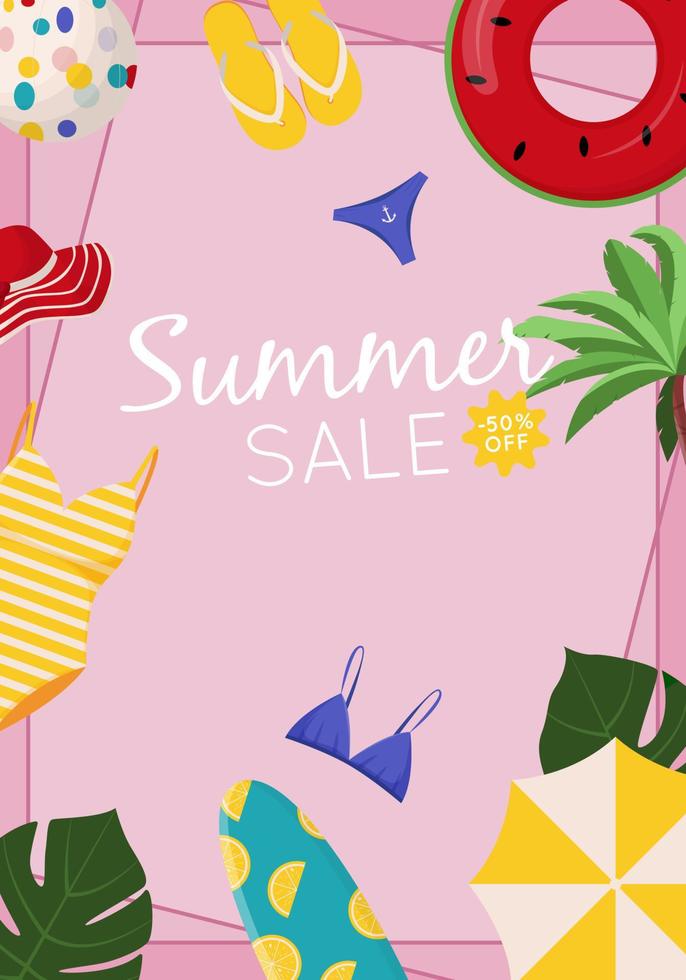 diseño de banner web de venta de verano. texto de descuento de venta de verano con elementos de playa como traje de baño, pelota de playa y chanclas para promoción de temporada de verano para pancartas, papel tapiz, volantes vector