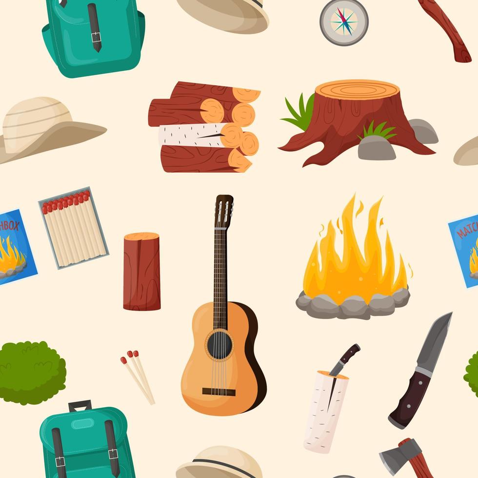 Camping and hiking seamless pattern. Summer camp travel tools collection for survival in wild, tent, backpack, map, axe, campfire and other camping equipment. vector