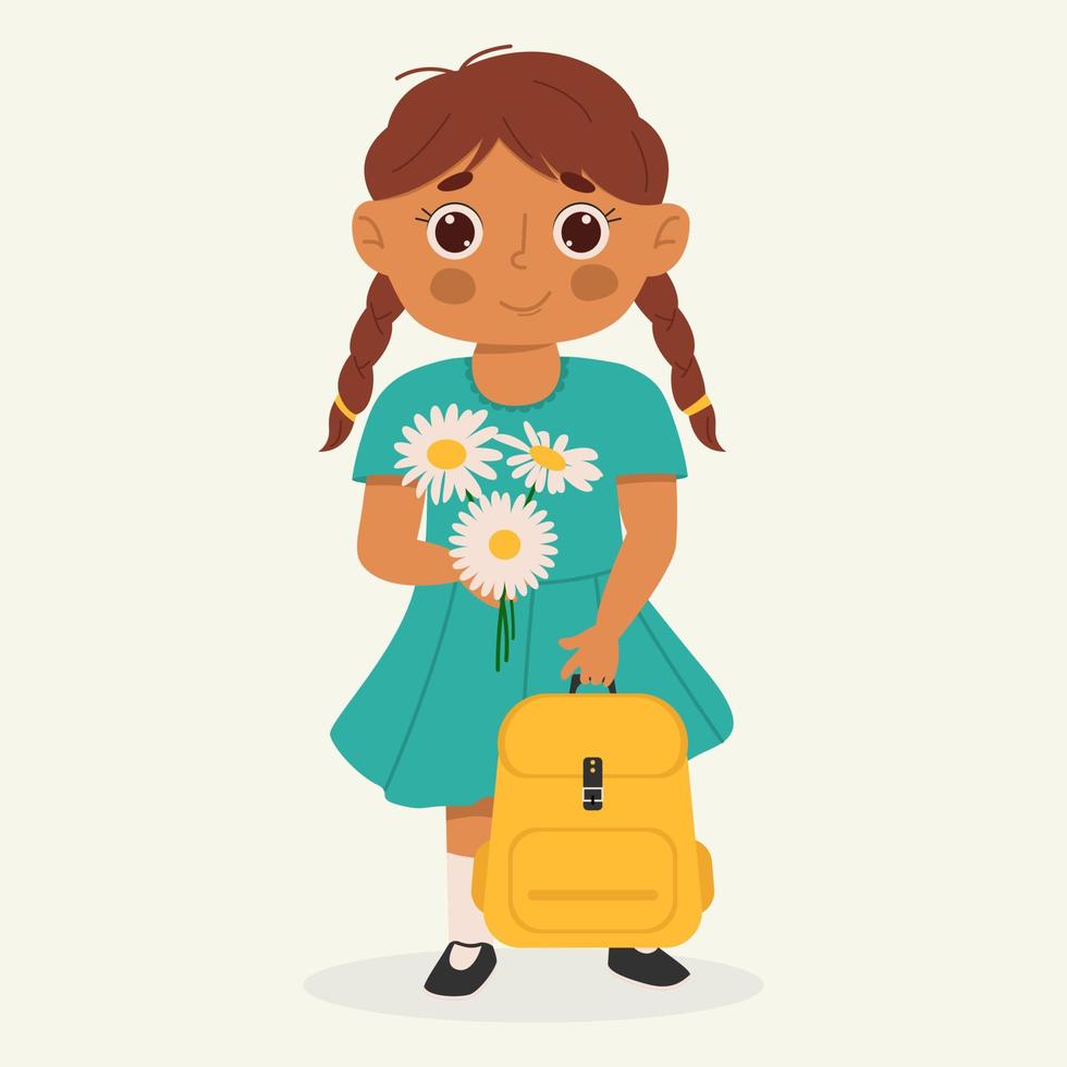 School kid with school supplies. Kid with backpack and book. Colorful cartoon character. Flat vector illustration.