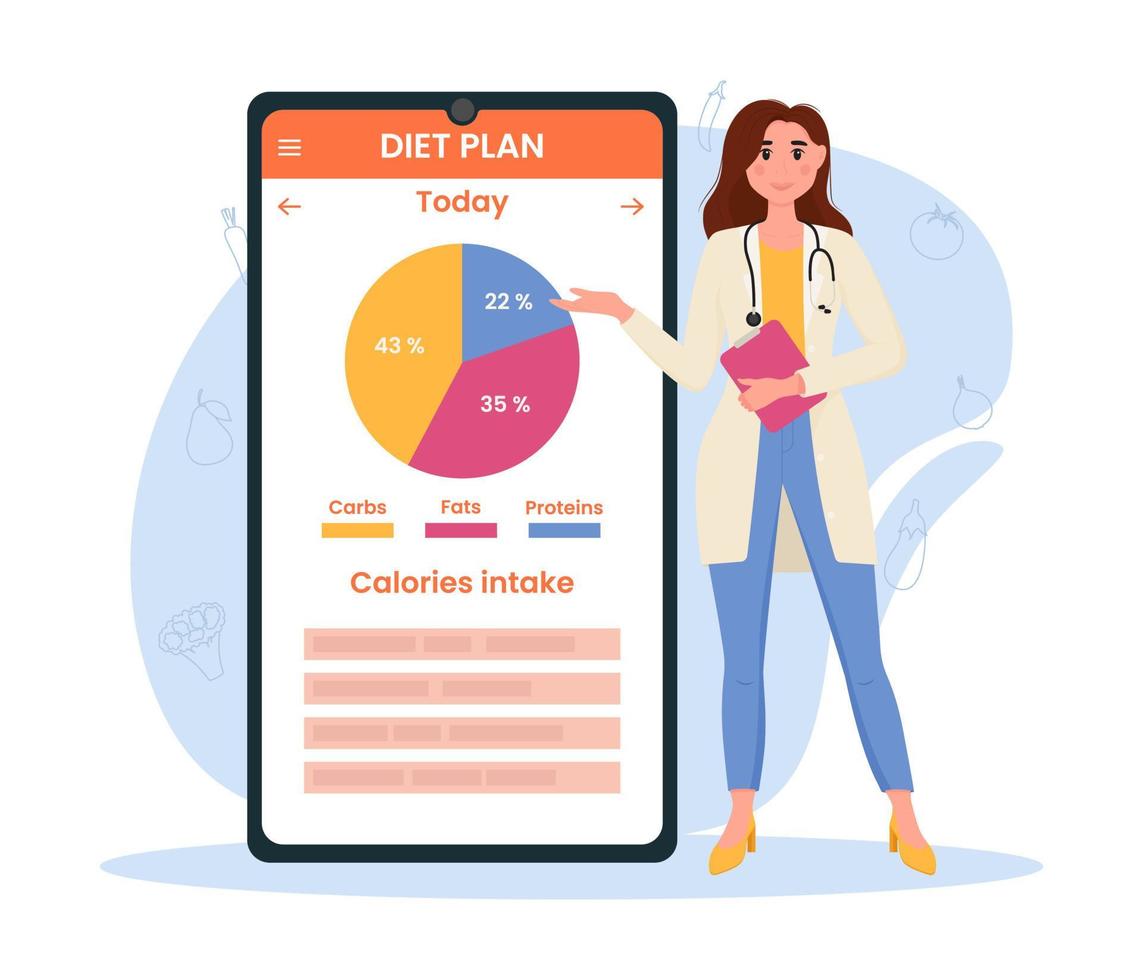 Nutritionist concept. Nutrition loss recommendation and diet plan. A mobile application with health monitoring. Vector illustration