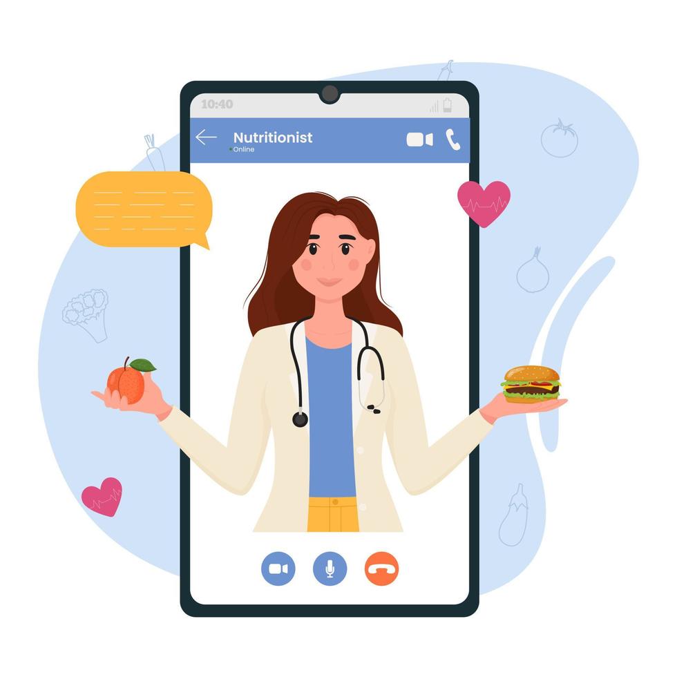 una nutricionista femenina en la pantalla del teléfono inteligente. curso por Internet. nutrición y dietoterapia, consulta médica online. vector