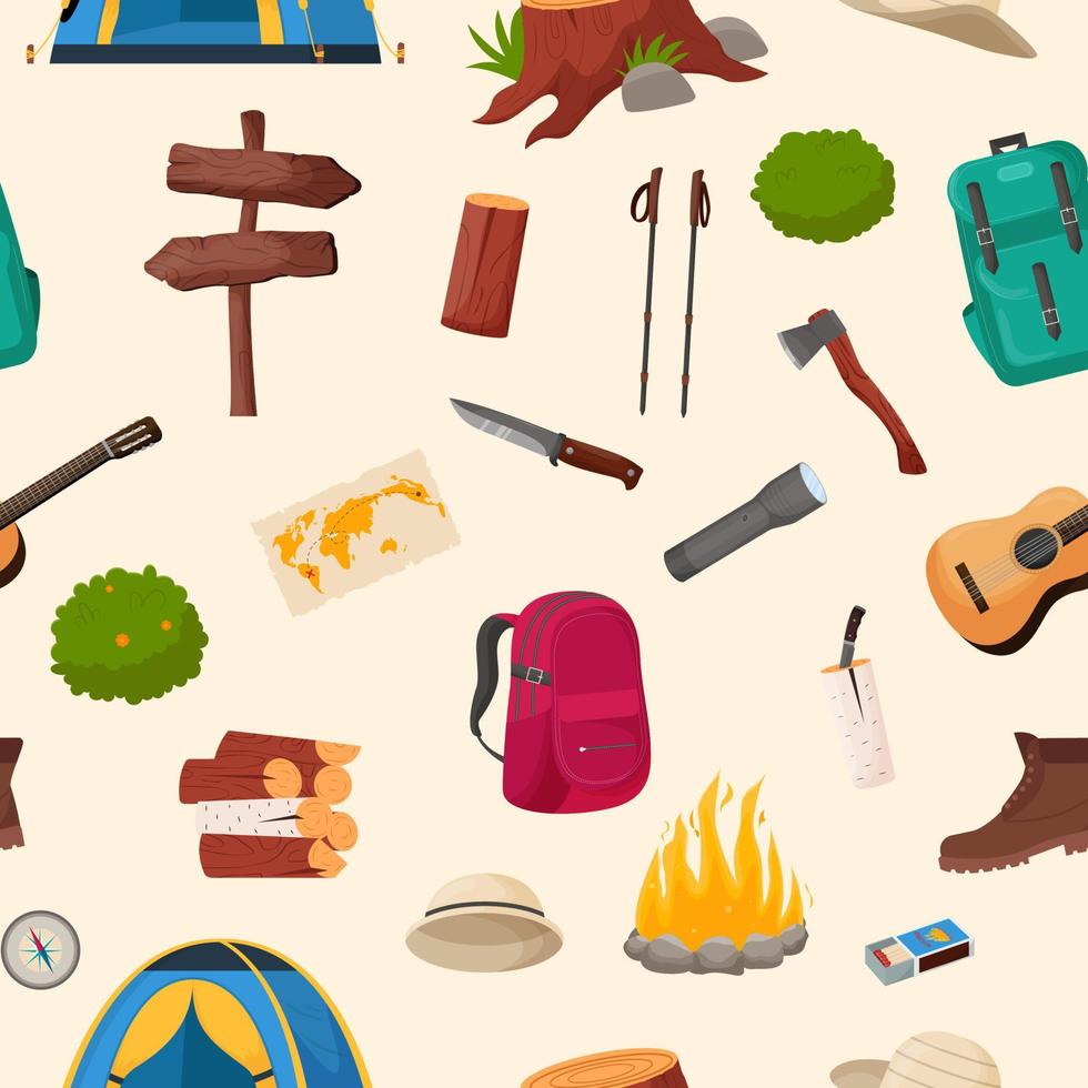 camping y senderismo de patrones sin fisuras. colección de herramientas de viaje de campamento de verano para la supervivencia en la naturaleza, carpa, mochila, mapa, hacha, fogata y otros equipos de campamento. vector