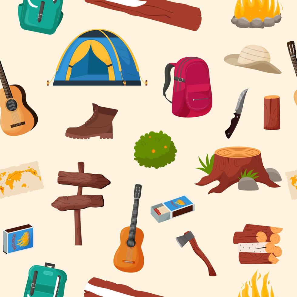 Camping and hiking seamless pattern. Summer camp travel tools collection for survival in wild, tent, backpack, map, axe, campfire and other camping equipment. vector