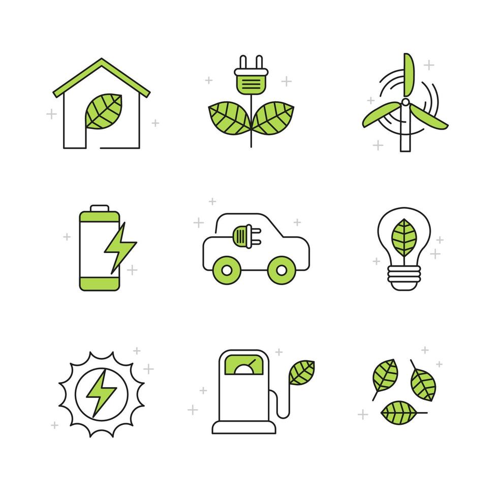 colección de iconos de arte de línea simple de tecnología ecológica verde vector