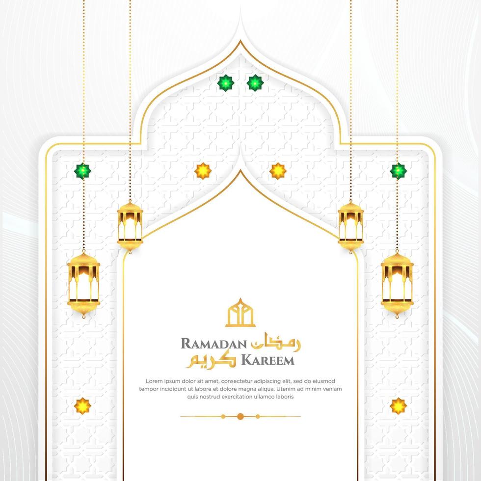 Islamic Luxury White and Gold Elegant Wave Layered Ramadan Mubarak Islamic Background. With Arabic Pattern, Islamic Border, and Decorative Hanging Lanterns Ornament. vector