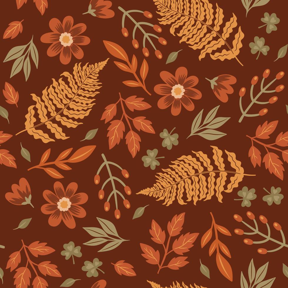 Seamless pattern with autumn leaves, berriesand flowers. Vector graphics.