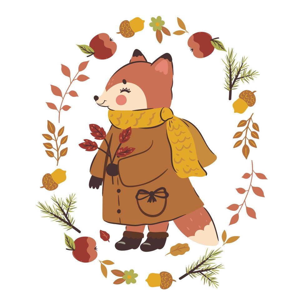 Cute autumn fox in raincoat and boots isolated on white background. Vector graphics.