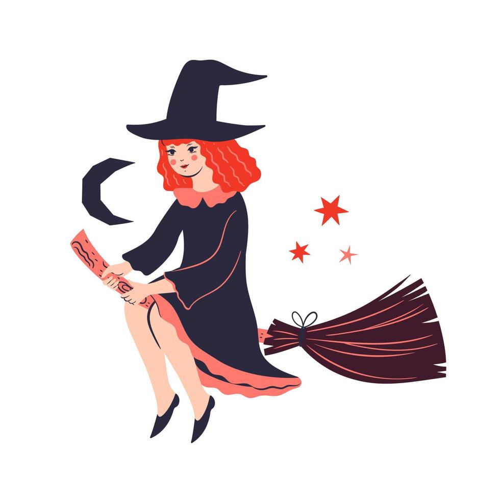 Cute witch on a broomstick isolated on white background. Vector graphics.