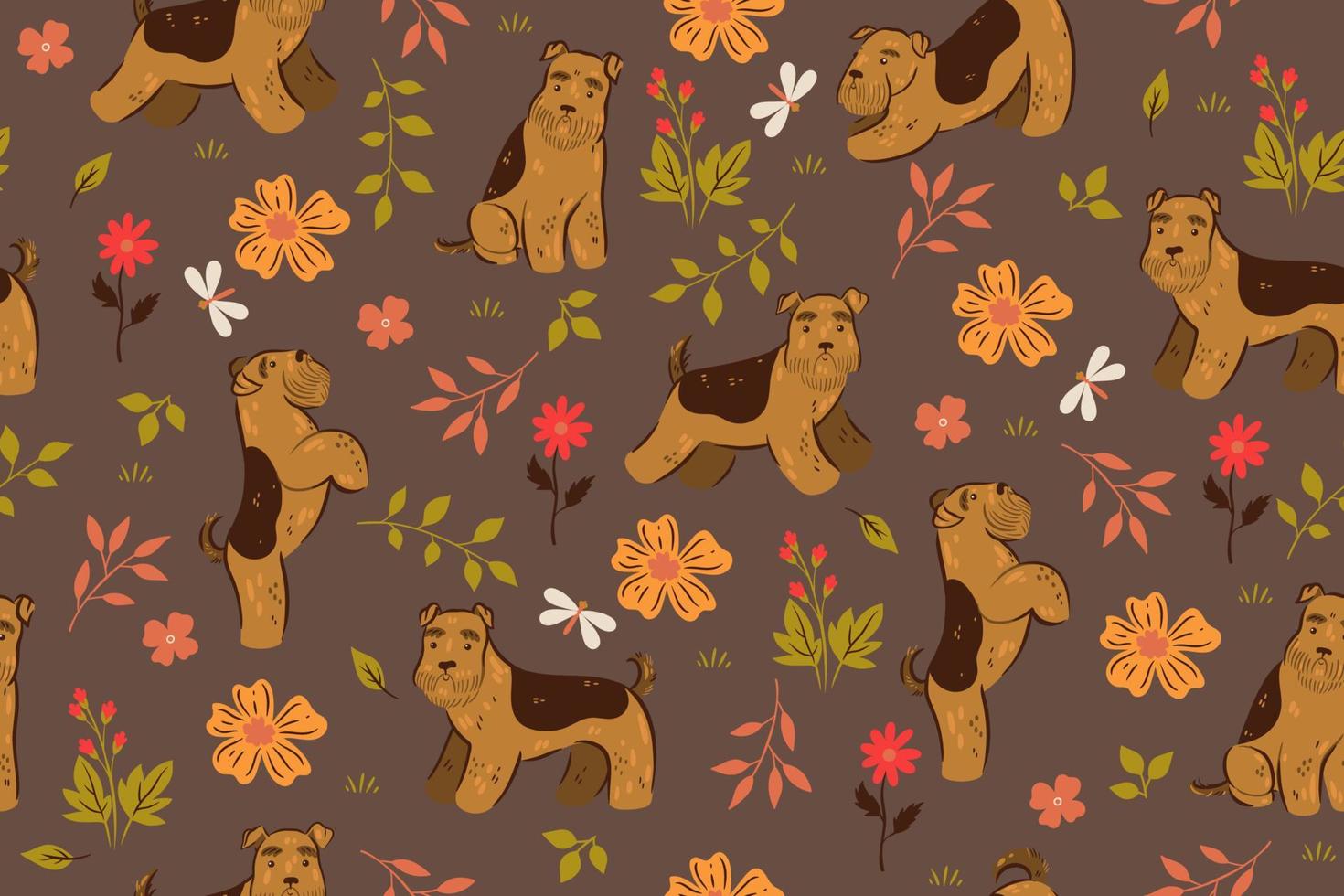Seamless pattern with terrier dogs and flowers. Vector graphics.