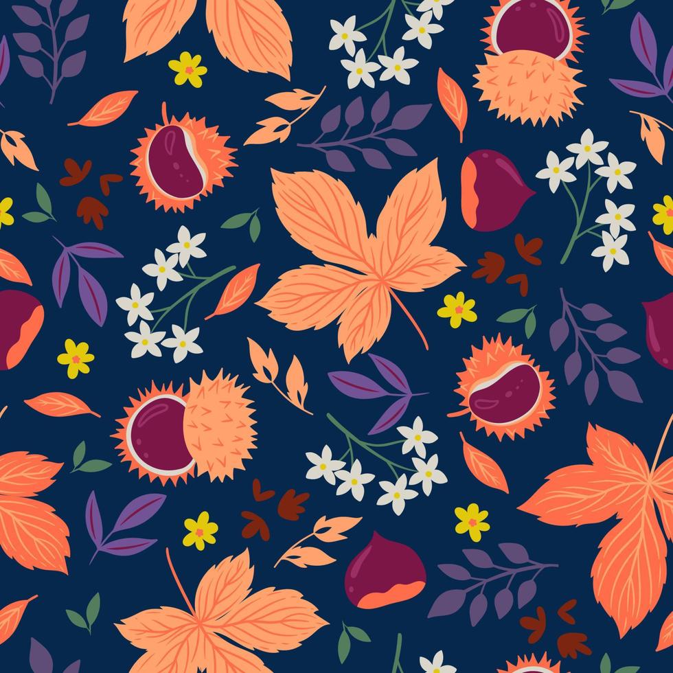 Seamless pattern with autumn leaves, flowers and chestnuts. Vector graphics.