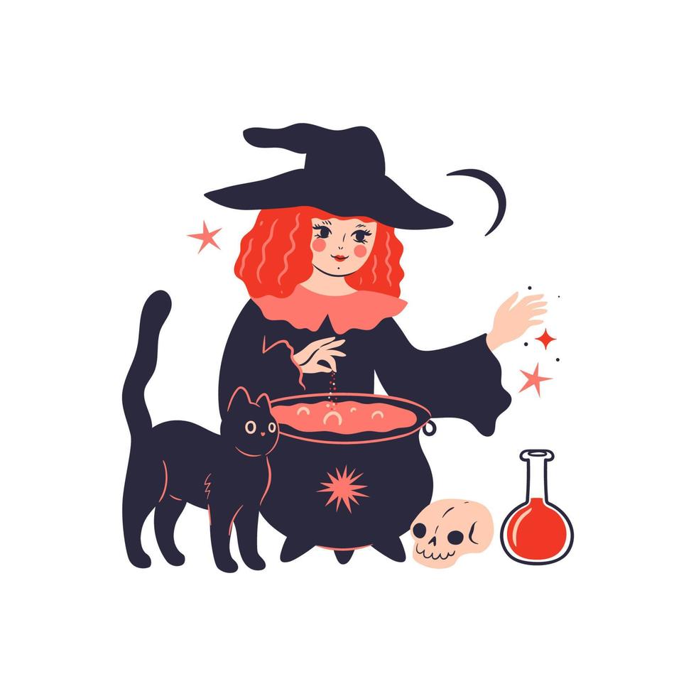 Cute witch brews a potion in a cauldron isolate on a white background. Vector graphics.