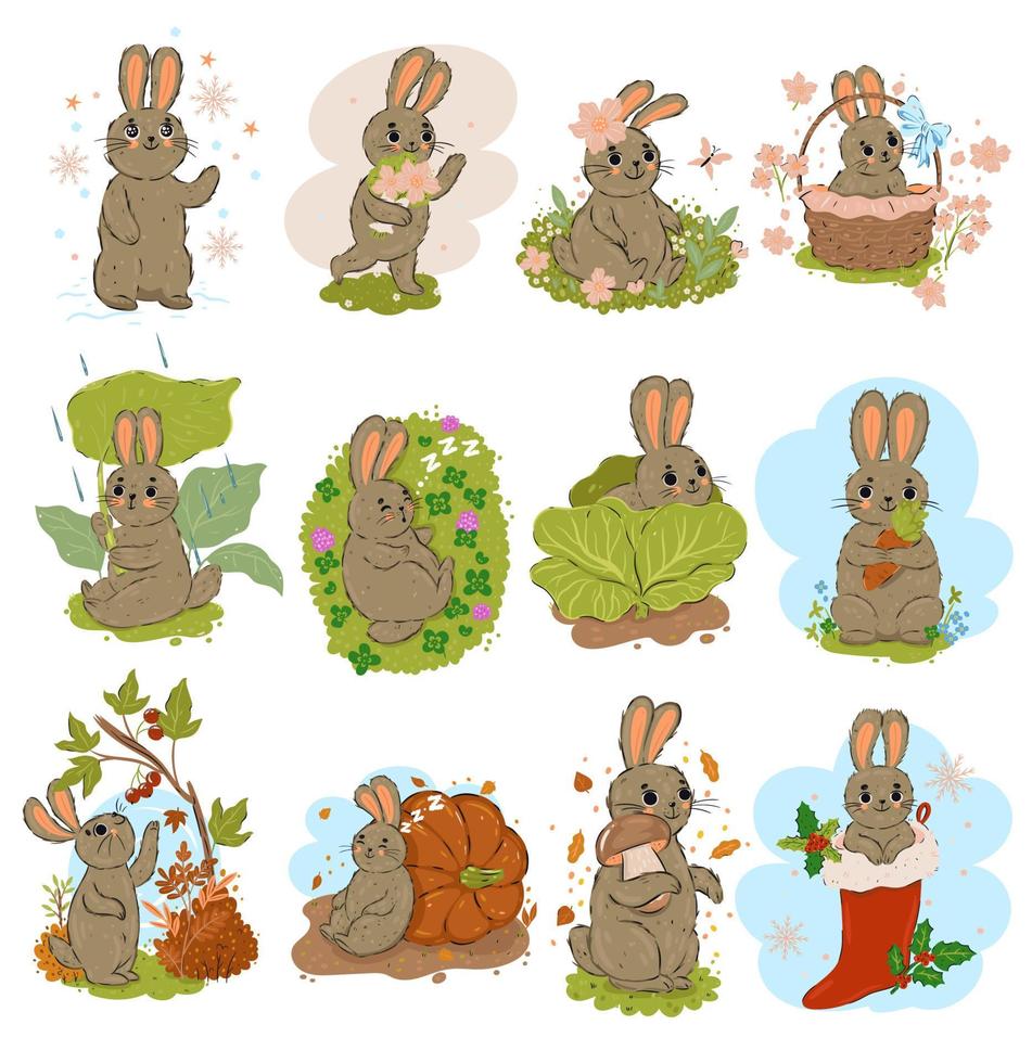 Set of cute rabbits isolated on white background. Vector graphics.