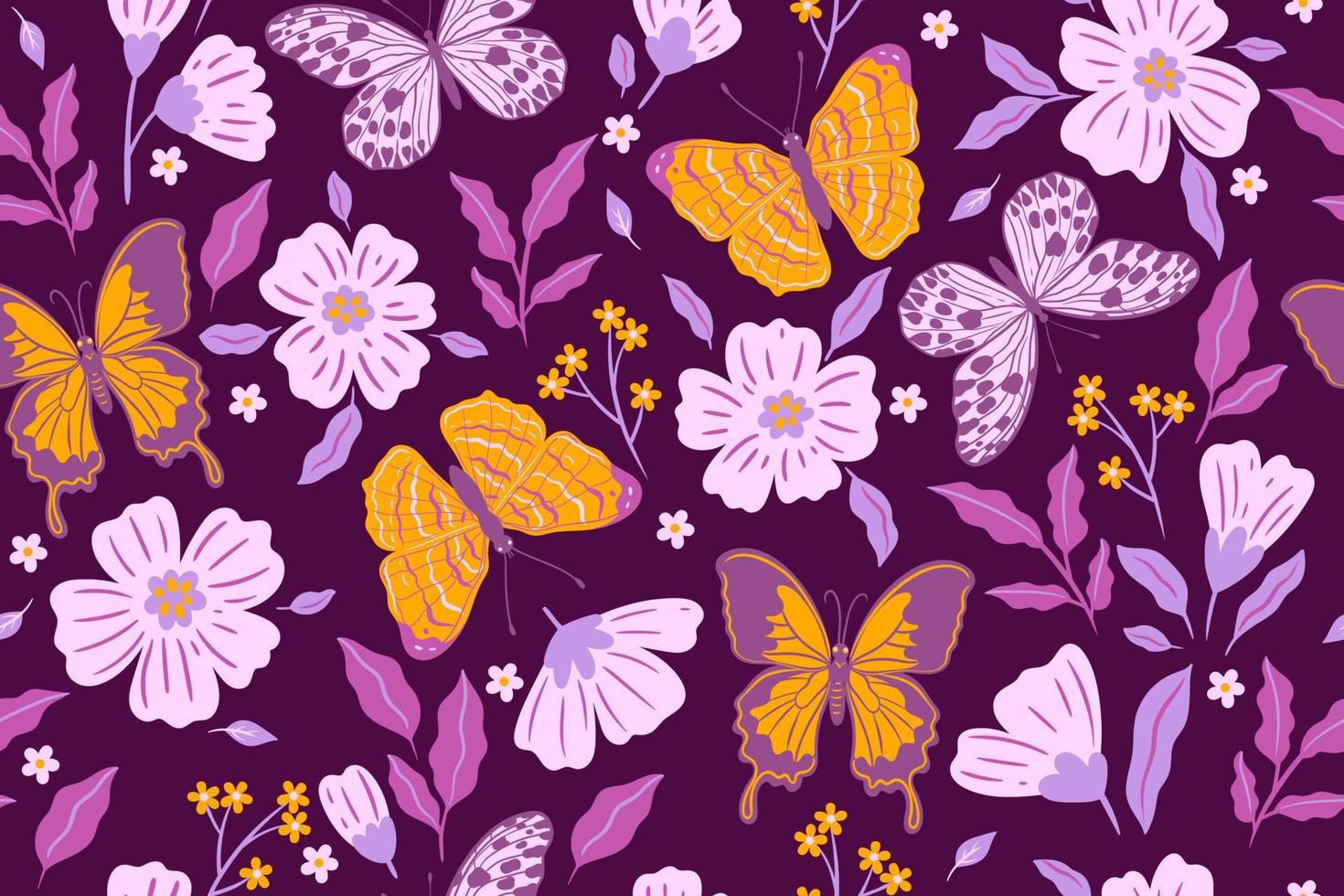 patrón impecable con flores y mariposas en tonos morados y amarillos. gráficos vectoriales vector