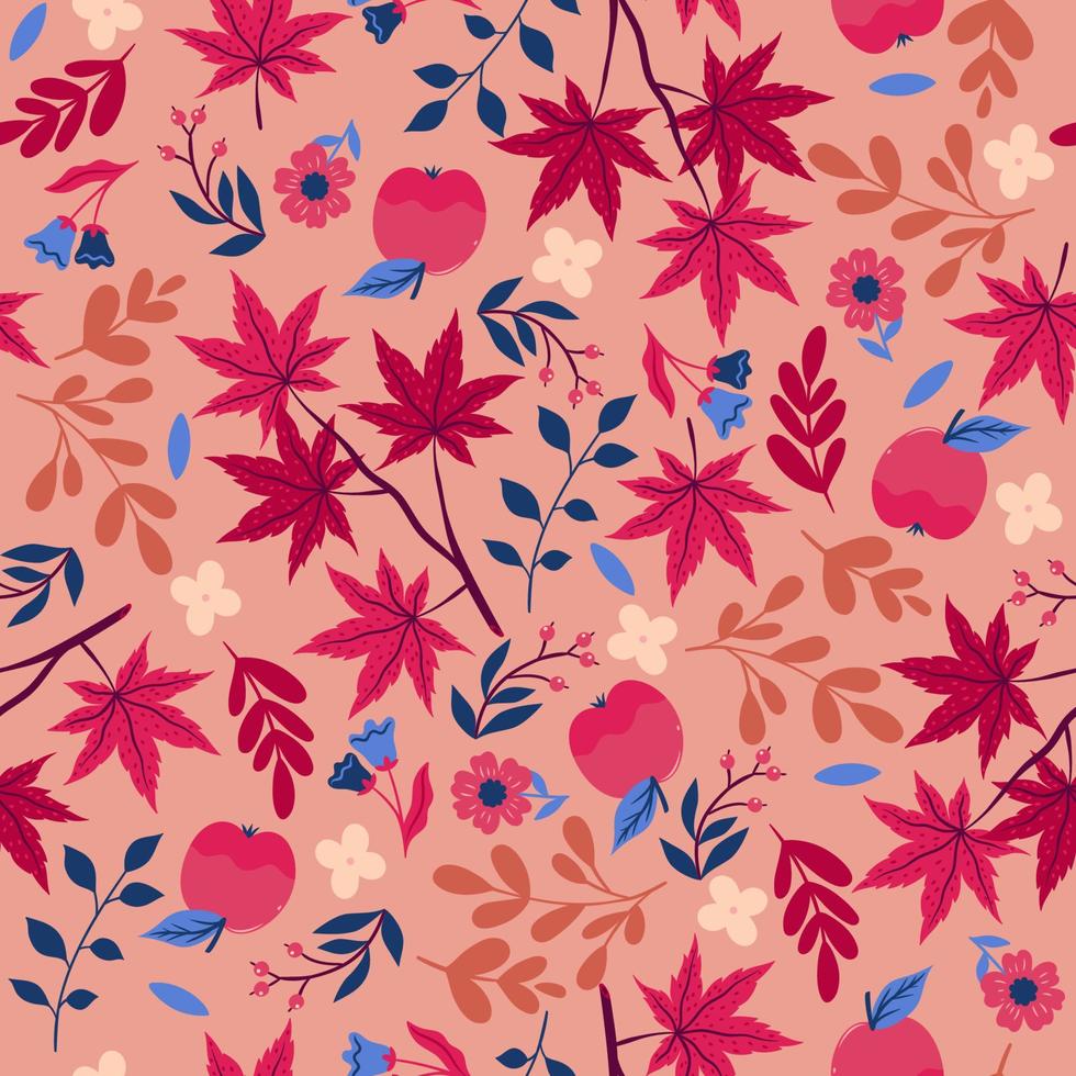 Seamless pattern with autumn leaves, berries, apples and flowers. Vector graphics.