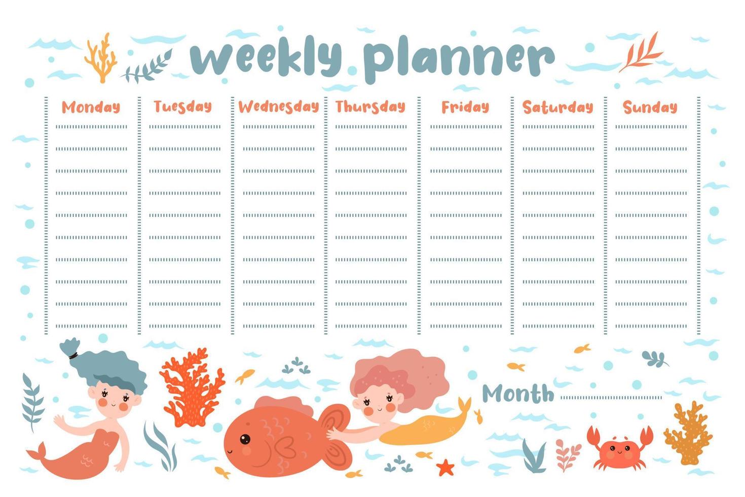 Weekly planner with mermaids and sea animals. vector