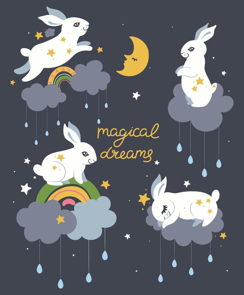 Postcard with cute rabbits and the inscription magical dreams vector