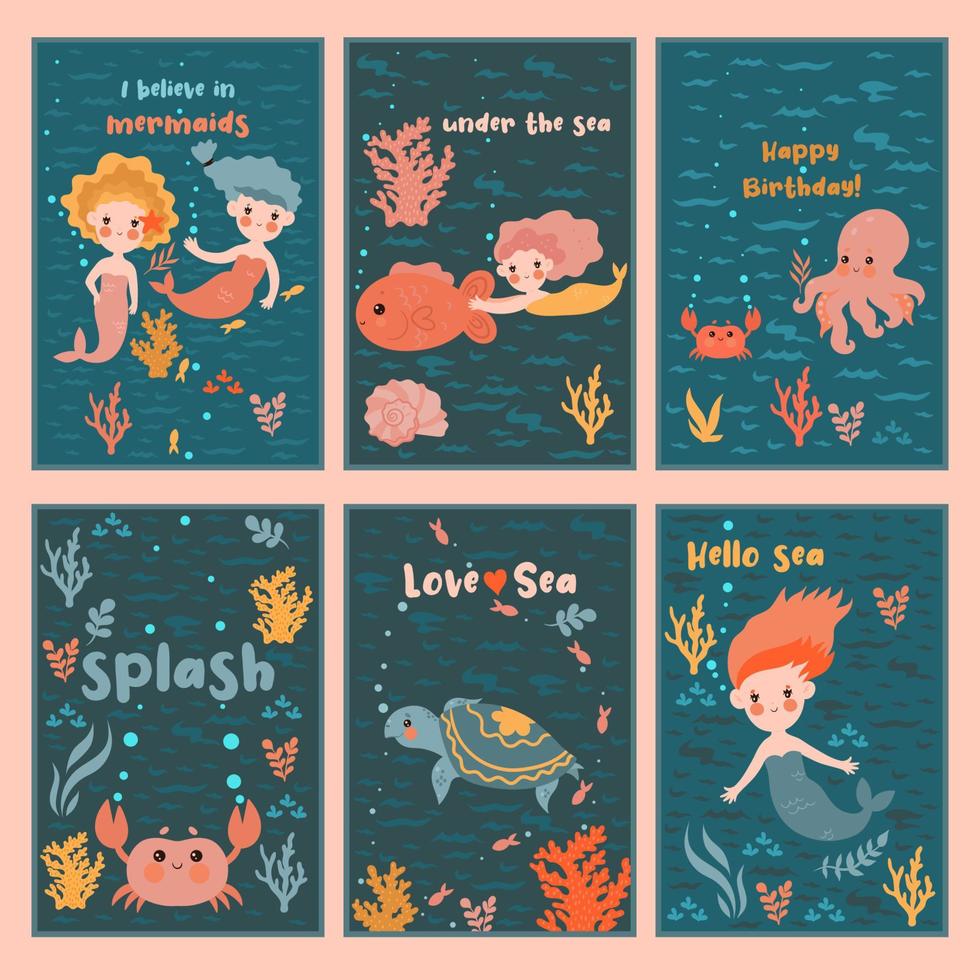 Set of cute cards with mermaids. vector