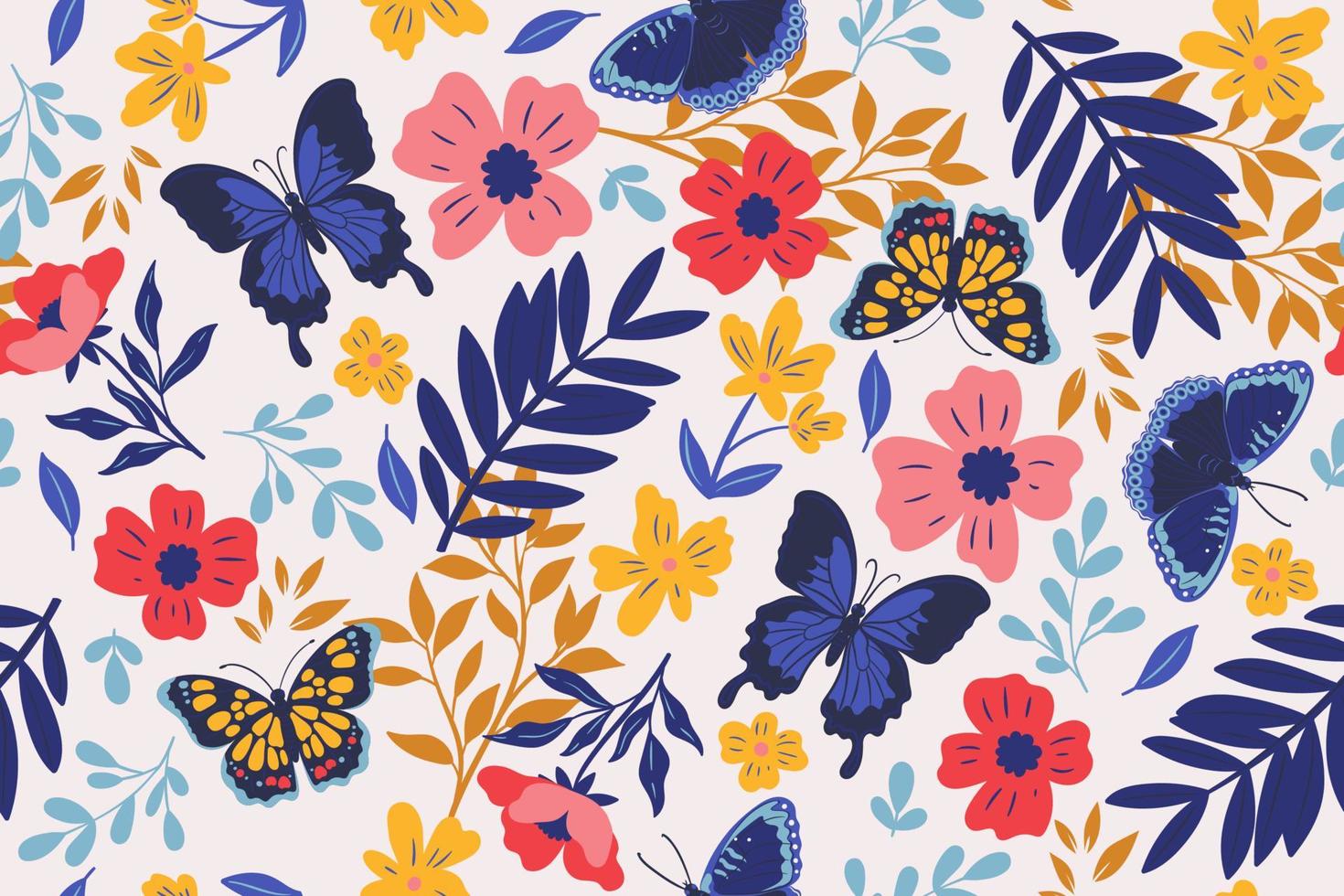 Seamless pattern with butterflies and flowers. Vector graphics.