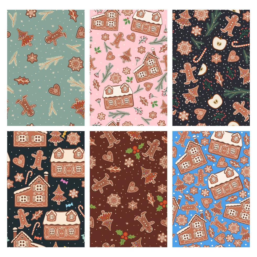 Set of seamless patterns with gingerbread cookies. vector