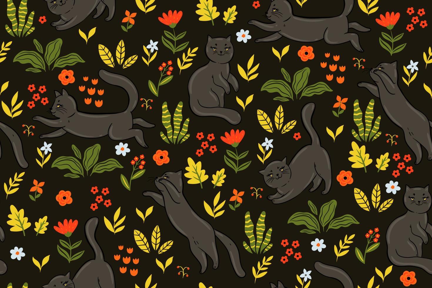 Seamless pattern with cute cats and flowers on a dark background. Vector graphics.