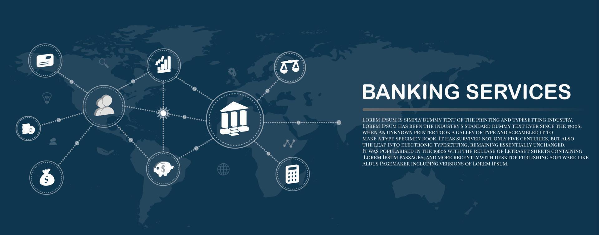 Icon of all banking services. Cash operations. Payment cards. Icon Set and Web Header Banner. Vector illustration