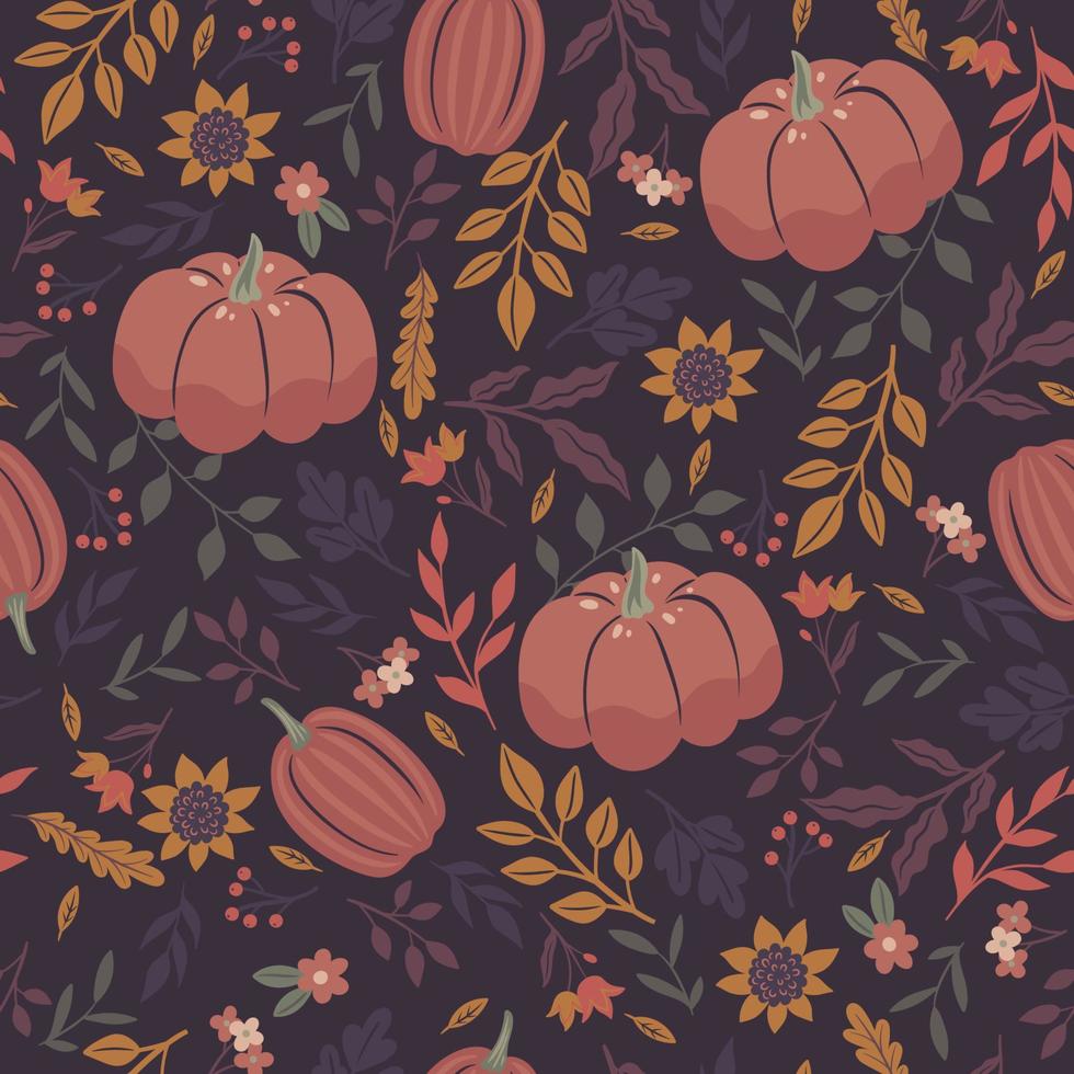 Seamless pattern with autumn leaves, berries, pumpkins and flowers. Vector graphics.