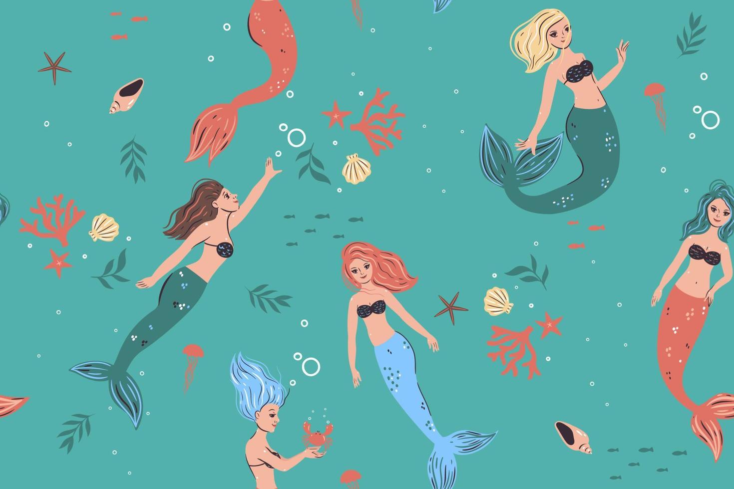 Seamless pattern with mermaids and marine life. Vector graphics.