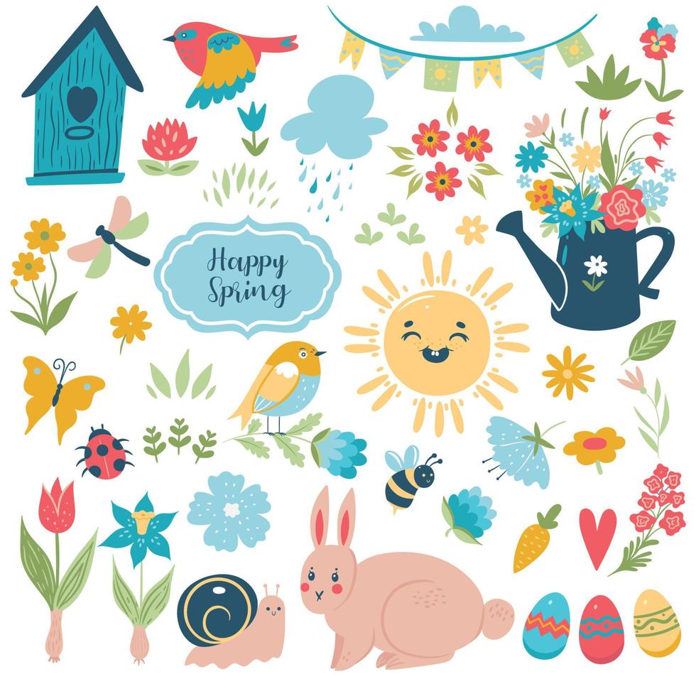 conjunto de elementos de pascua de primavera: flores, pájaros, huevos, conejo, sol, insectos aislados en fondo blanco. vector